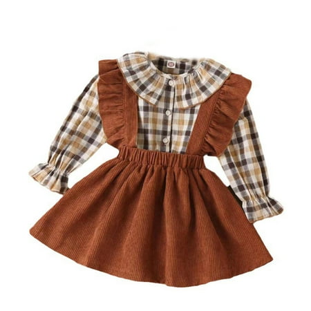 

NKOOGH Autumn Petal Back Skirt for Girls Outfit Doll Collar Plaid Top Dress Two Piece Set Vintage Sweet Style Toddler Girls Clothes Coffee 120