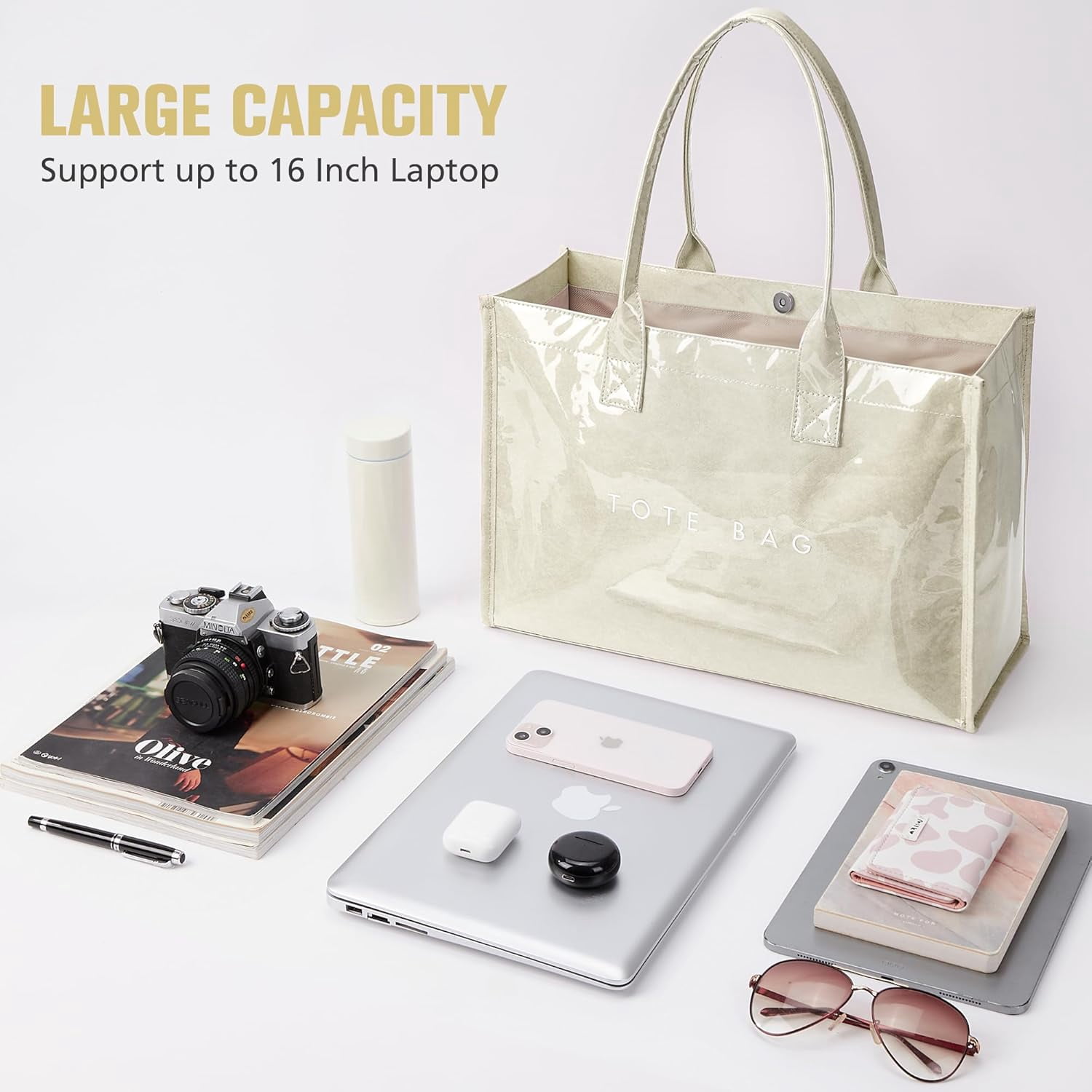 PVC Tote Bag for Women - Kraft Paper Work Handbags Purses with Top Handle（Beige）