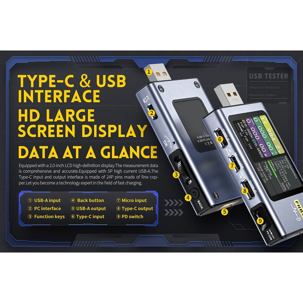 RANMEI Fnb58 Digital Voltmeter Current Tester Usb Type C Fast Charge Current Meter Tool