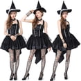 thumbnail image 4 of Disfraces de bruja gótica para cosplay, ropa de fiesta de disfraces de Halloween, disfraces de mujer adulta, esmoquin sexy, vestido de tul con tirantes, sombrero y mangas, 4 of 5