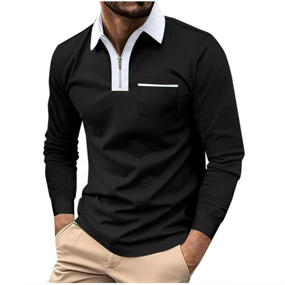 ZCFZJW Men's Quarter Zip Up Pullover Trendy Slim Fit Lapel Collar V Neck Long Sleeve Sweaters Casual Polo Sweatshirt Fashion Golf Ball Shirt Tops with Pockets Black XL