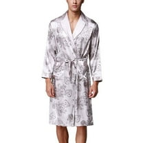 SWSMCLT Men's Long Sleeve Robe Satin Knee Length Pajamas Pjs Long Summer Luxury Bathrobe Spring Lightweight Cool Grey Medium