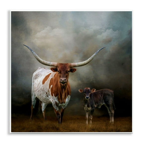 Stupell Industries Longhorn & Calf Babysitter Animals & Insects Painting Unframed Art Print Wall Art, 12 x 12