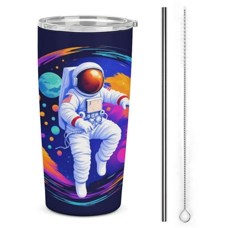 

Astronaut in Space with Planets Tumbler Print 20oz Stainless Steel Coffee Cup with Lid & Straw Double Wall Insulated Tumbler