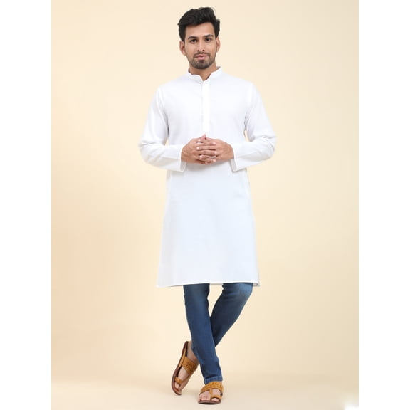 SKAVIJ Men's Shirt Cotton Kurta Casual Tunic Regular Fit (Small, White)