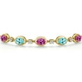 thumbnail image 3 of Gem Stone King 18K Yellow Gold Plated Silver Pink Created Sapphire and Blue Apatite Bracelet for Women | 4.34 Cttw | Gemstone September Birthstone | Oval 7X5MM | Fully Adjustable 9 inch, 3 of 6