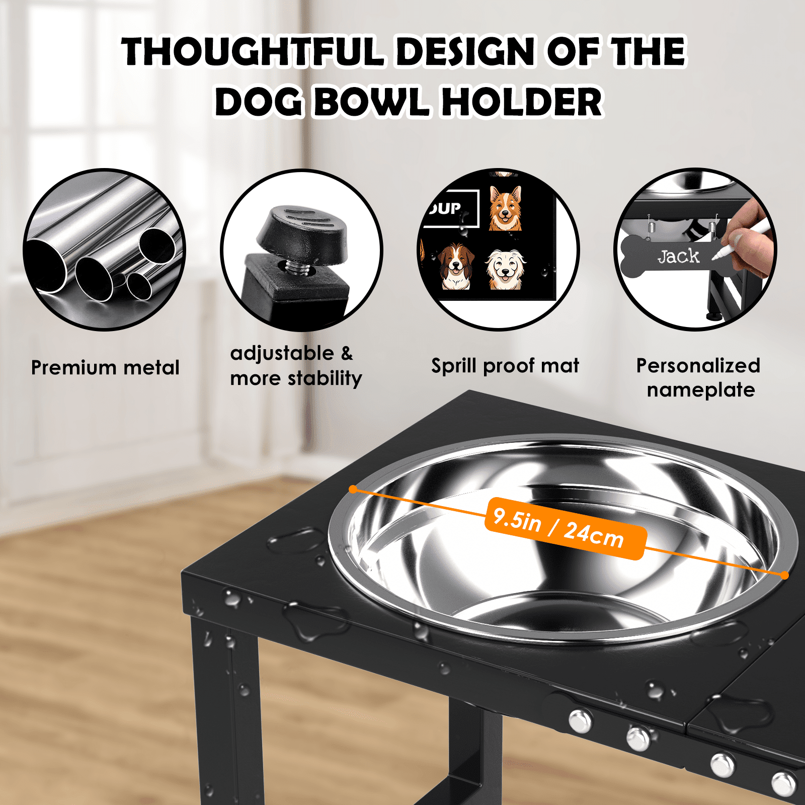 SHAINFUN Metal Raised Dog Bowl Stand for Large Dogs with 2000ml(68oz) Bowls Anti Spill Mat Bone Nameplate Pen For Large Dogs