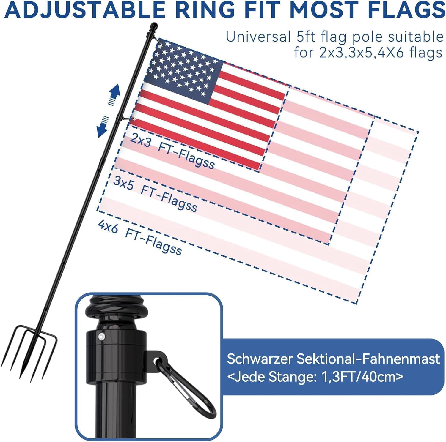 FIASON 1 Pack 12 FT Black Stainless Steel Flag Pole, Heavy Duty Tangle-Free Flagpole with 5-Prong Base, In-Ground Outdoor Yard Commercial Garden Flag Holder Kit, No Flag Included