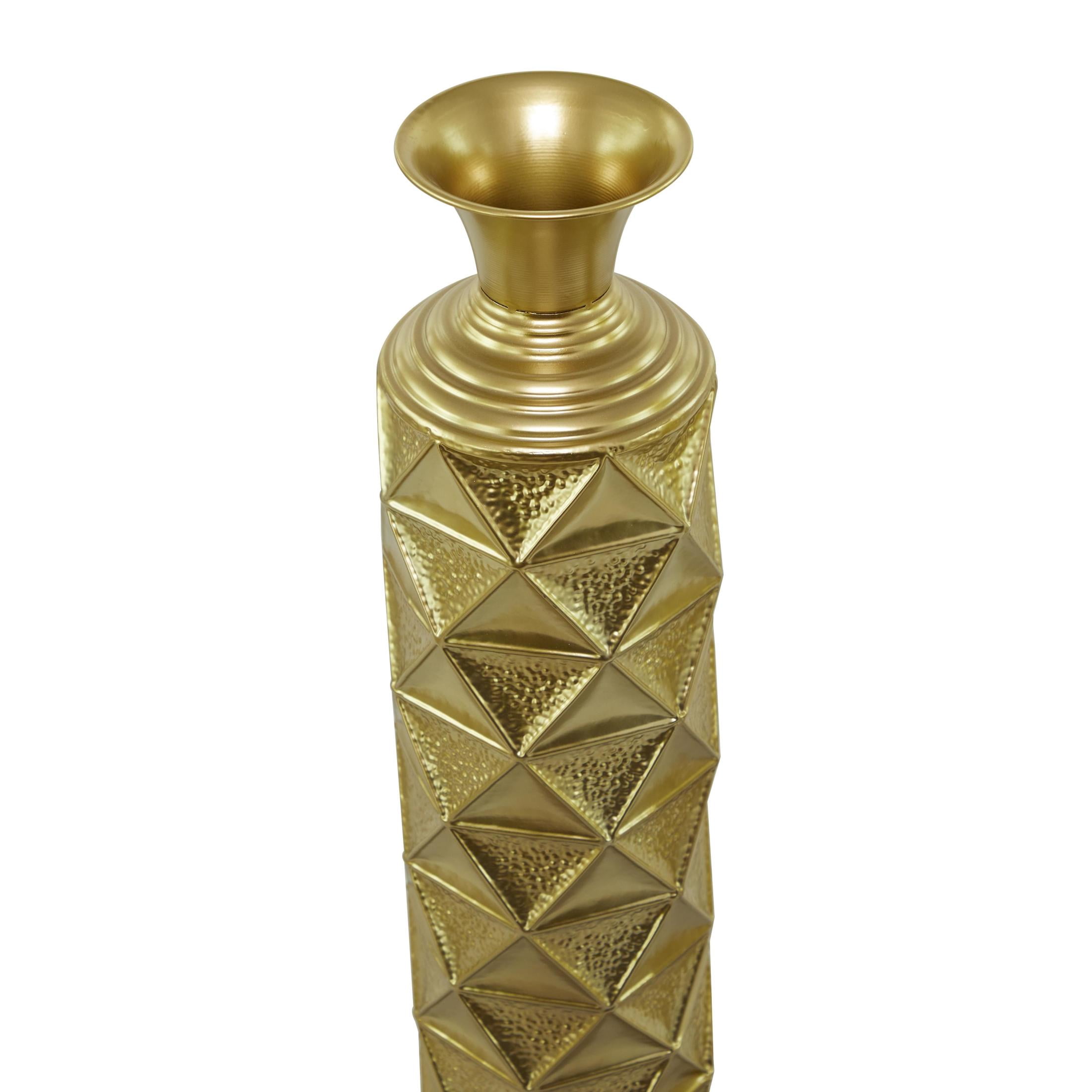 DecMode 34", 29", 25"H Geometric Tall Distressed Metallic Gold Metal Vase with 3D Triangle Patterns, Set of 3