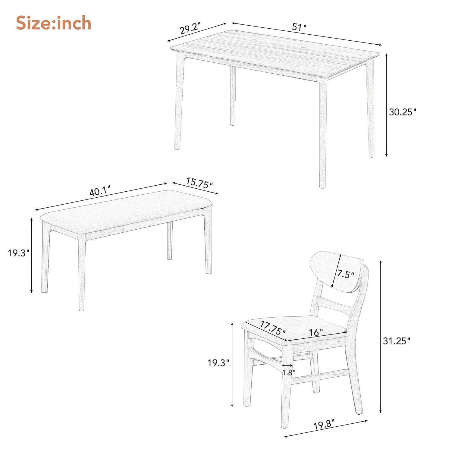 Kadyn Dining Table Set for 4, Solid Wood Dining Set with 2 Chairs and 1 Bench, Modern Dining Table Set for Dining Room, Natural Wood Wash Kadyn Dining Table Set for 4, Solid Wood Dining Set with 2 Chairs and 1 Bench, Modern Dining Table Set for Dining Room, Natural Wood Wash