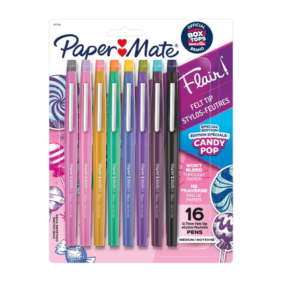 Paper Mate Flair Felt Tip Pens, Medium Point (0.7mm), Limited Edition Candy Pop Pack, 16 Count