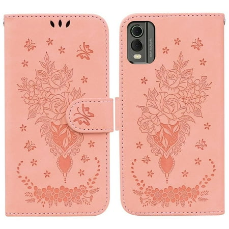 

Case for Nokia C32 Kickstand Card Slots Wallet Case Emboss Rose Flowers Flip PU Leather Cover