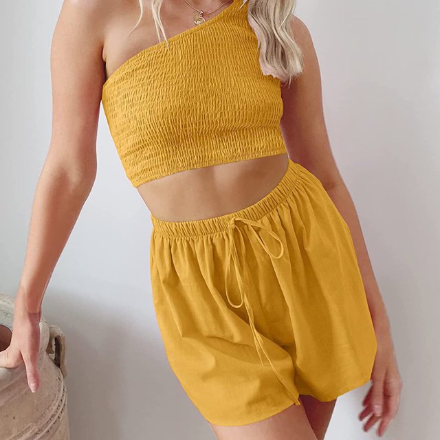Conjunto de dos piezas de verano para mujer con pantalones cortos y tops sin mangas (amarillo XL) FLhrweasw Para estrenar