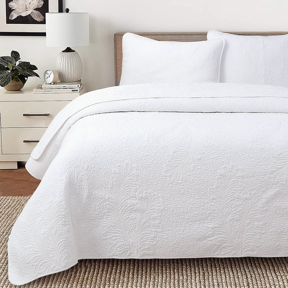 Cozy Line Modern Palm Leaf Stitch Solid White 100% Cotton 3 Piece Quilt Bedding Set