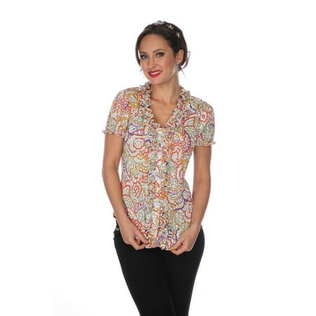 - Cathaya Women's Green Orange Mix Art Deco Print Short Sleeve Pleated Shirt