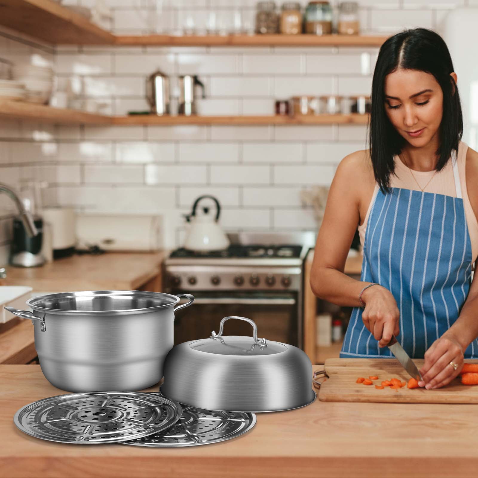 SSAWcasa Steamer Pot for Cooking 11 inch, 2 Tier Multipurpose Steaming Pot with Lid - Vegetable, Dumpling, Stock, Sauce (6Qt)