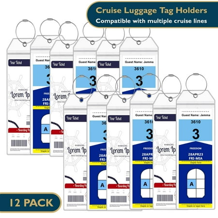 ComfiTime Cruise Luggage Tag Holders, 12Pack Waterproof Clear Luggage Tags for Cruise Ships W/ Zip Seal & Steel Loops, PVC Travel Suitcase Bag Tags for Luggage for Royal Caribbean & Celebrity Cruise