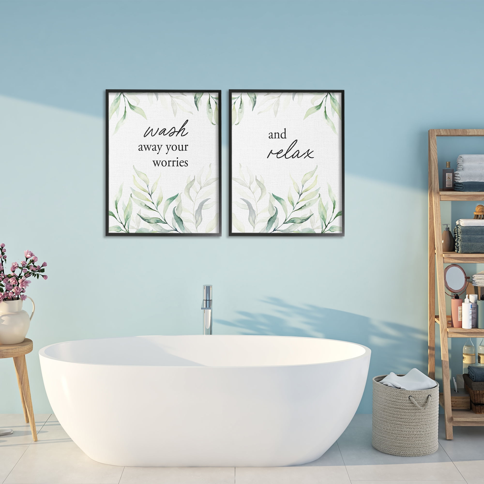 Soothing Bathroom Greenery Words 2 Piece Black Framed Giclee Art Set, design by Lettered and Lined