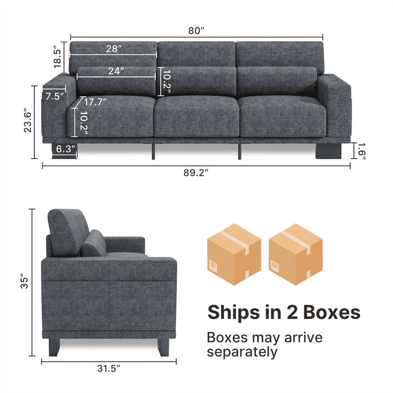 89”Chenille Upholstered 3-Seat Couch, Stylish Modern Design with Broad Armrests & Thick Cushions, Perfect for Home, Apartment & Living Area, Dark Grey