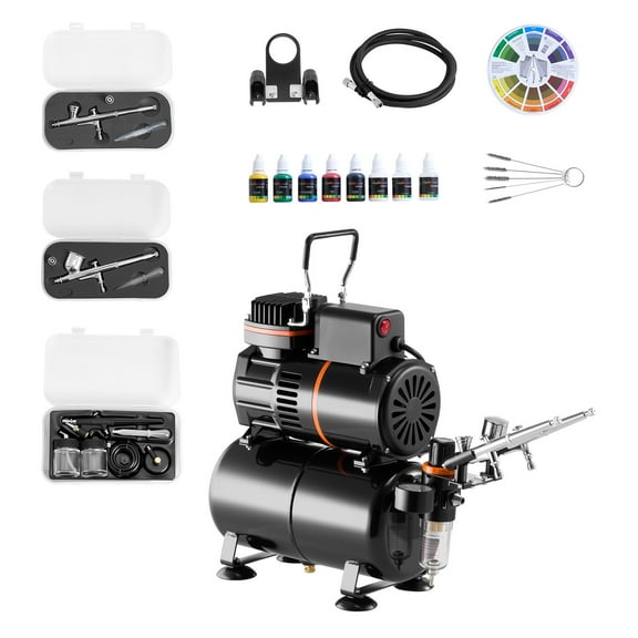 KFFKFF Airbrush Kit with Compressor and Tank, 1/6 HP, Includes 3 Dual-Action Airbrushes, 3 Nozzles, Hose, Acrylic Paint, and 2 Fans, Ideal for Cake Decoration, Model Crafting, and Nail Design