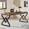 thumbnail image 1 of Tribesigns 63 Inch Executive Desk, Large Office Computer Desk with Extra Thick Wooden Tabletop and Metal Frame, Modern Simple Workstation Writing Table Study Desk for Home Office, Brown, 1 of 8