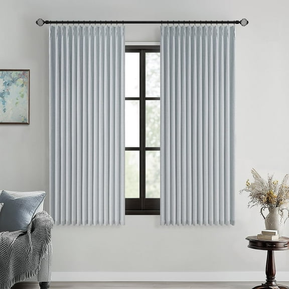 Grayish Blue Pinch Pleated 100% Blackout Linen Curtains for Bedroom, Room Darkening Light Blocking Window Curtain 63 inches Long for Living Room, Black Out Pleat Drapes with Pin Hooks, 2 Panels
