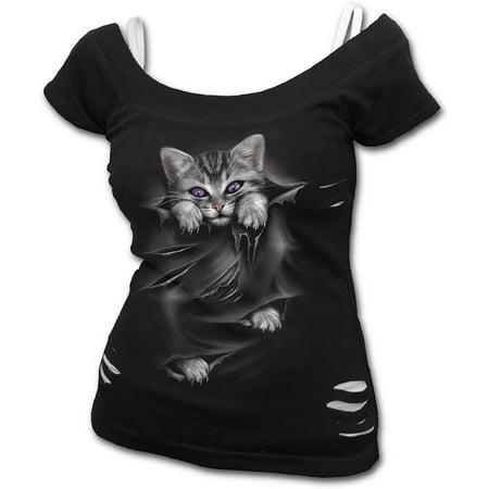 Eye Spiral - Spiral Direct BRIGHT EYES Cotton 2in1 White Ripped Top BlackCat |Rips |Cute