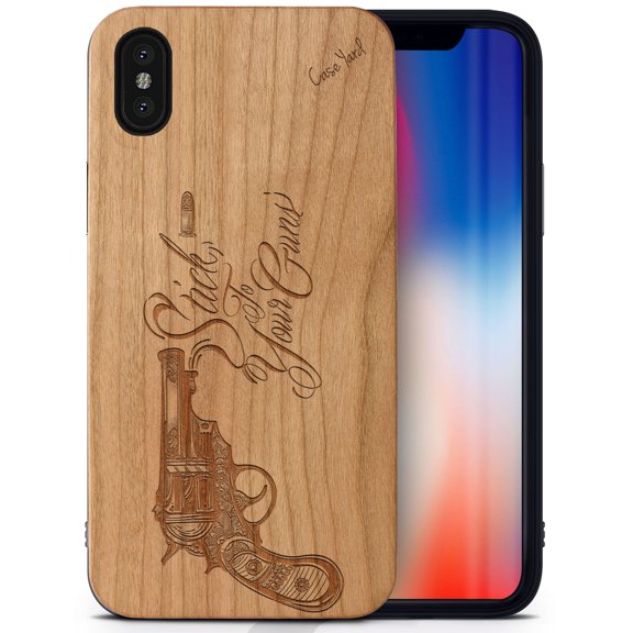 Case Yard Wooden Case Outside Soft TPU Silicone, Slim Fit Shockproof Wood Protective Phone Cover for Girls Boys Men and Women, Supports Wireless Charging Stick to Your Guns Design case for iPhone-X