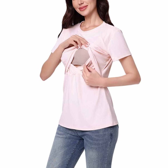 Dxzfnsa Women's Nursing Tops for Breastfeeding Summer Women Casual Short Sleeve Solid Color T Shirts Comfortable Round Neck Double-layer Pregnancy Tops