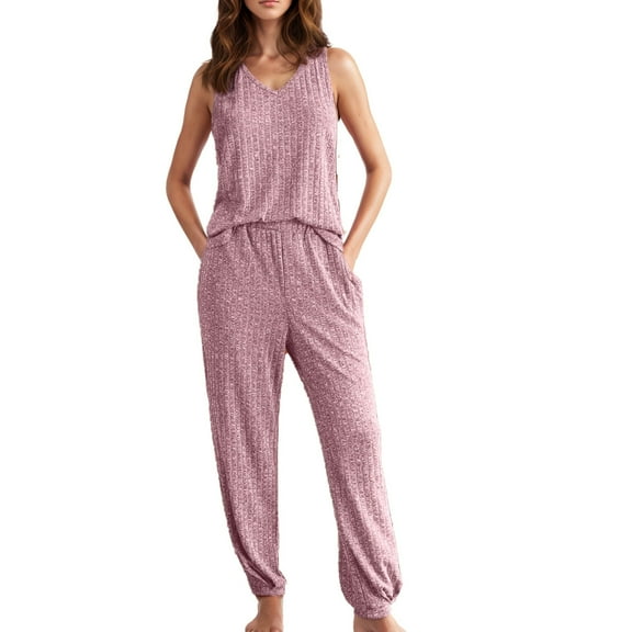 Njoeus Super Soft T-Shirt & Sleep Pants Set, Womens Sets 2 Piece Outfits Women's 2024 Spring Summer V-Neck Knitted Tank Top Pants Pajamas Lounge Sets Womens Travel Outfit Savings Pink XL