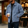 thumbnail image 6 of GrmtClth Autumn Mens Plaid Travel Friendly Overshirt Jacket Long Sleeve Snap Closure Loose Fit Weekend Trip Outerwear Dark Blue M, 6 of 8