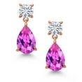 thumbnail image 3 of Gem Stone King 18K Rose Gold Plated Silver Pink Created Sapphire and White Moissanite Earrings for Women | 8.86 Cttw | Gemstone September Birthstone | Pear Shape 12X8MM, 3 of 5