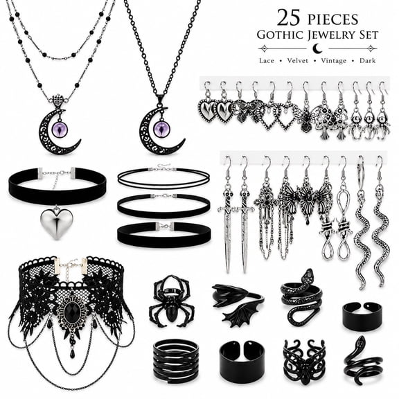 25Pcs Gothic Jewelry Set for Women, Grunge Y2K Punk Accessories, Lace Choker, Moon Necklaces, Goth Earrings Adjustable Rings for Halloween Cosplay Concert Daily Dark Aesthetic Outfits