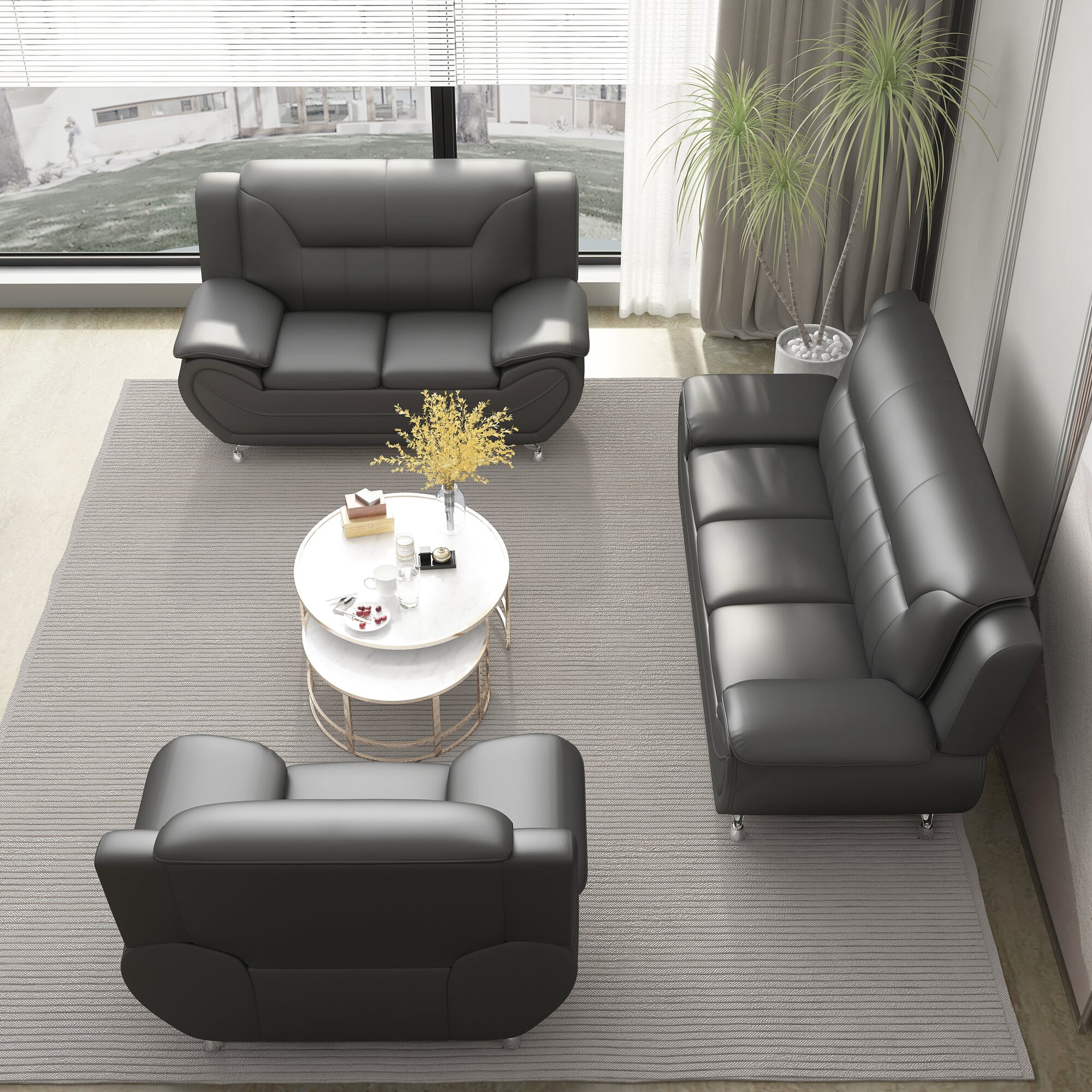 Uspridefurniture Eveland Faux Leather Upholstered 3Pcs Living Room Set-Gray/Black