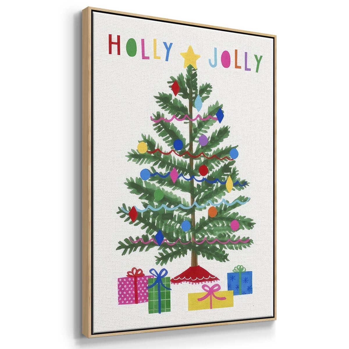 Colorful Christmas Collection B - Framed Gallery Wrapped Holiday Canvas - 17 x 25 - Natural Wood Frame