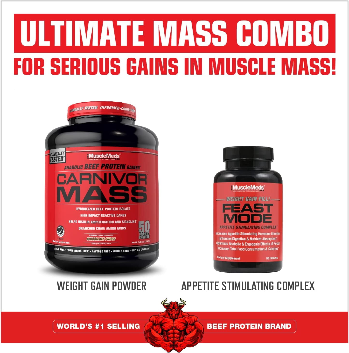 MuscleMeds Carnivor Mass Gainer – 50 g Beef Protein Isolate & 125 g Reactive Carbs – Sugar‑Free, Fat‑Free, Lactose‑Free – Chocolate Peanut Butter, 6 lb