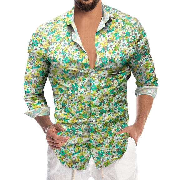 JAJAHO Mens Hawaiian Shirts Long Sleeve Floral Holiday Button Up Collared Spring Summer Beach Vacation Regular Fit Shirts Versatile Tops