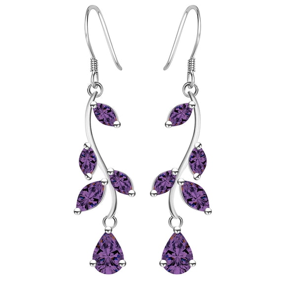 Grandest Birch Elegant Women Faux Gemstone Inlaid Leaves Hook Earrings Party Banquet Jewelry Alloy, Faux Gemstone Purple