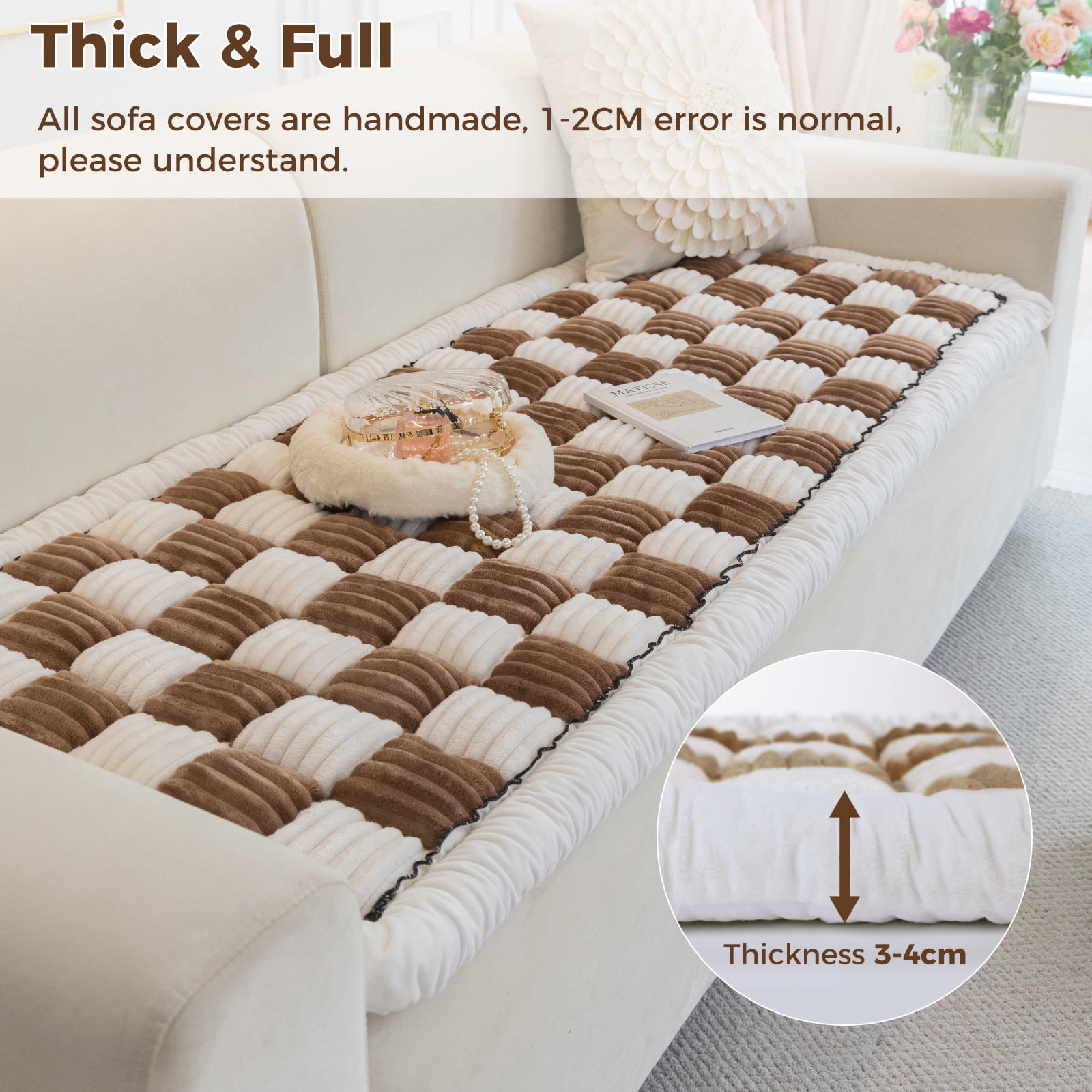 ANMINY Thick Fuzzy Checkered Couch Cover, Non-Slip Nordic Cream Sofa Protector Mat, Soft Flannel Furniture Cover