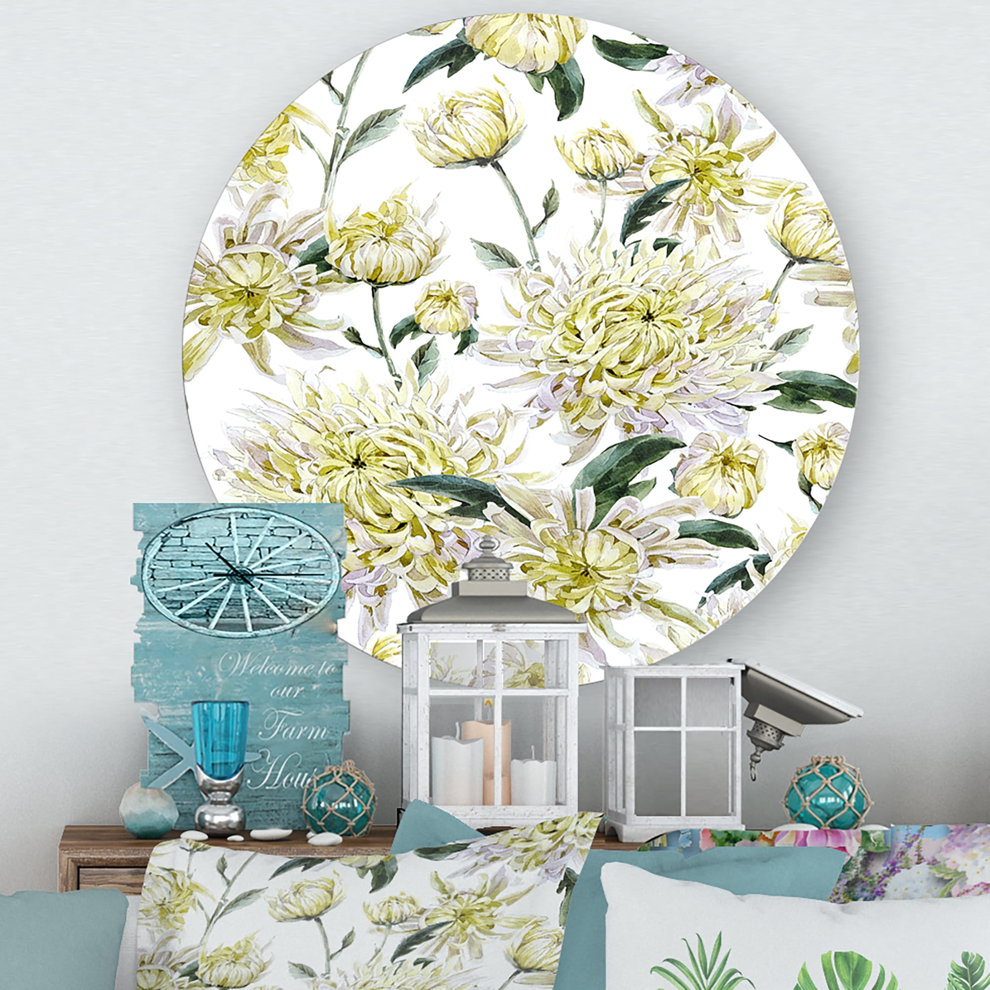 Designart 'Ancient Yellow Chrysanthemus I' Traditional Circle Metal Wall Art 23x23 - Disc of 23