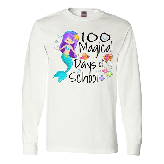 Inktastic 100 Magical Days of School with Blue Mermaid and Fish Long Sleeve T-Shirt