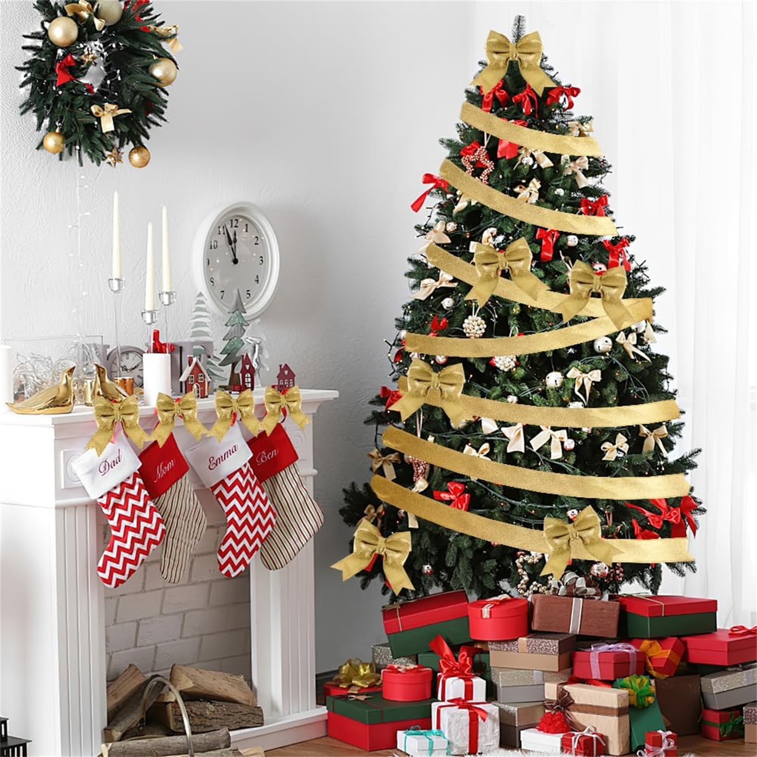 2 Rolls 20 Yards Ribbon for Christmas Tree,Bexikou Gold Christmas Ribbon Wired Glitter Ribbons Garland,Thick Wired Golden Ribbons for Tree Gift Box Wrapping Party Decoration