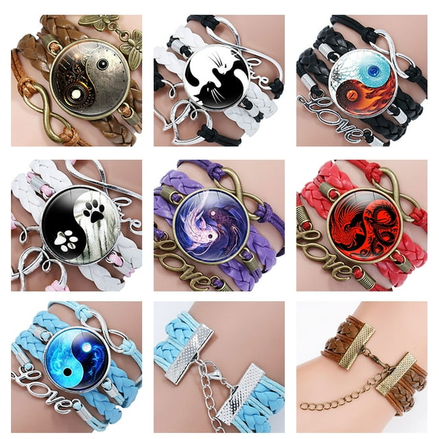 IKemiter Tai Chi Decor PU Bracelet Yin-Yang Tai Ji Multi-Layer Alloy Wrist Jewelry Knitting Rope Adjustable