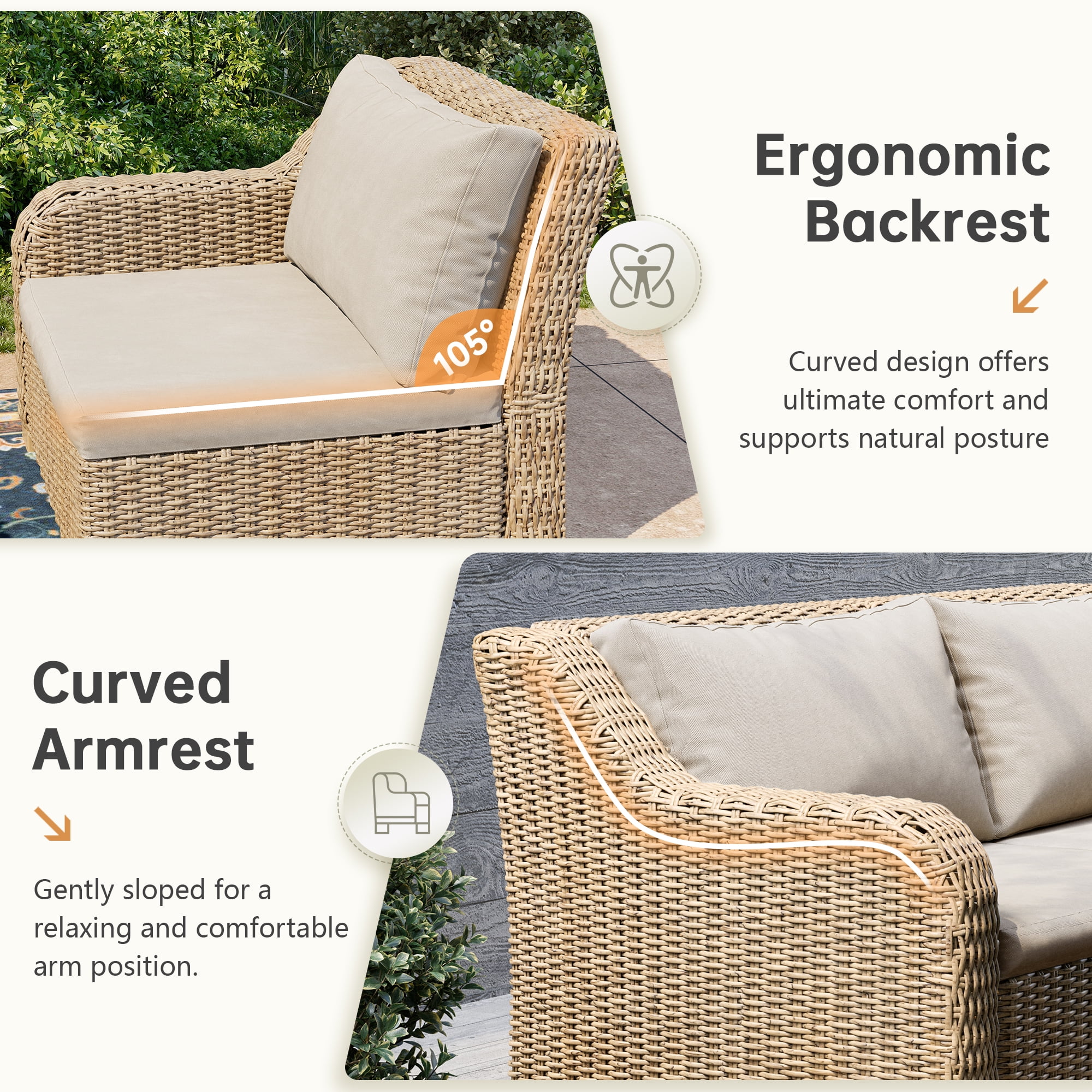 LHBCraft 3-Pieces Outdoor Patio Furniture Set, Wicker Loveseat and Coffee Table Set, with Grey Cushions and Natural Wicker
