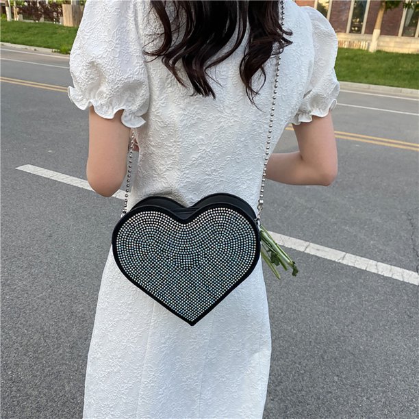 Bolso de hombro con diamantes de imitación en forma de corazón a la moda, con cadena brillante para mujer