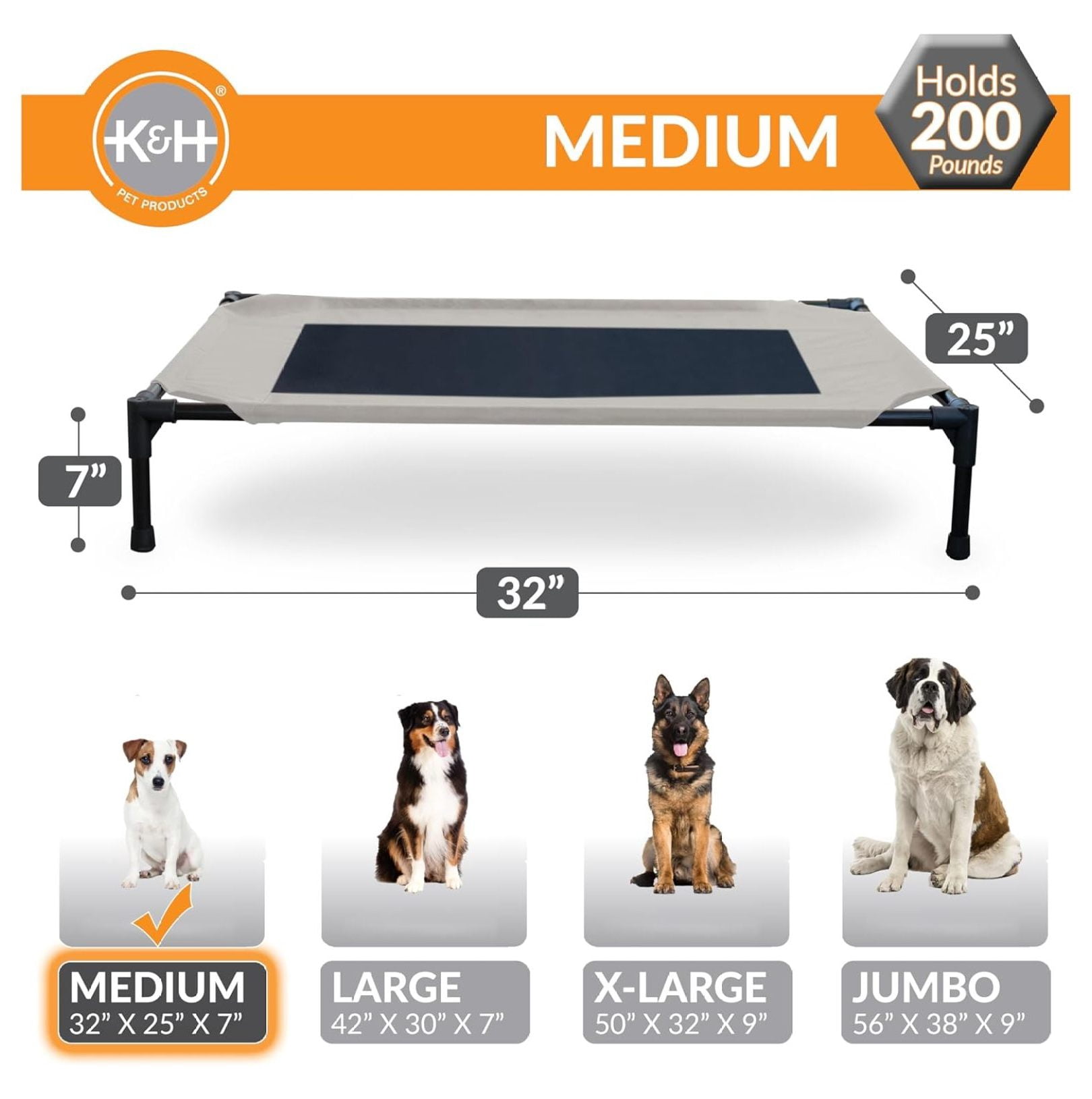 Outdoor Elevated Dog Cot, Breathable Cooling Elevated Cot Hammock Pet Bed for Medium Dogs, Washable Mesh Cover, Raised Metal Frame, Collapsible, Portable - Medium 32 X 25in Taupe