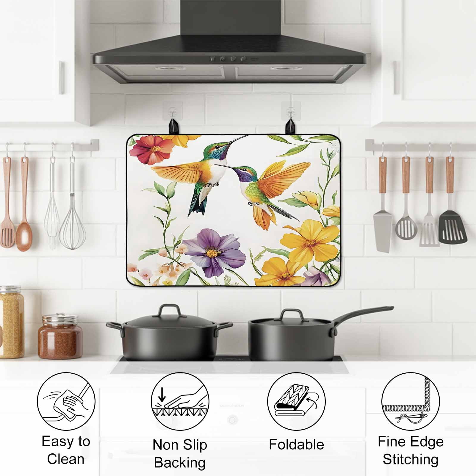Spring Floral Stove Top Cover for Electric Stove, Heat-proof & Non Slip Glass Top Stove Cover Protector, Summer Botanical Birds Colorful Kitchen Flat Cooktop Rubber Mat 24x21 Inches