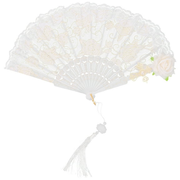FRCOLOR  Wedding Fans Lace Rose Handheld Large Folding Rave Decorative Bridesmaid White
