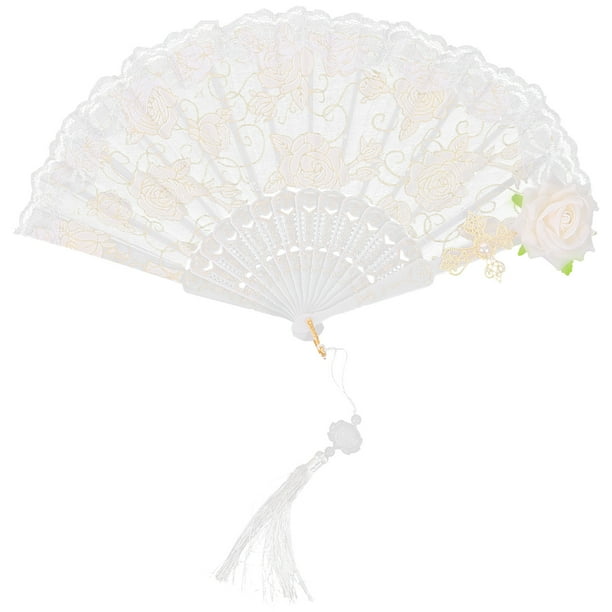 Abanico plegable de encaje vintage, abanico de mano decorativo con flores rosas para fiestas de té.