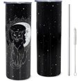 thumbnail image 1 of Vaso de gato, regalo gótico, taza negra con gato, regalo de bruja para mujer, vaso delgado de acero inoxidable de 593 ml con tapa y pajita, reutilizable para amantes de los gatos., 1 of 5